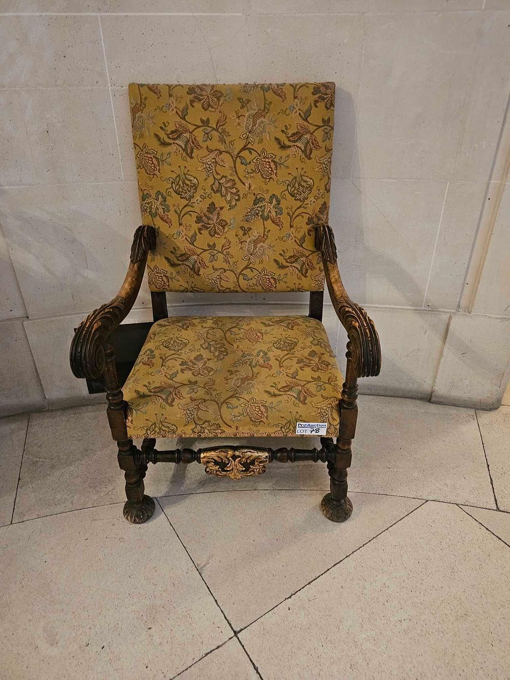 Lot 78: Louis XIV Style Carved Armchair with Floral and Foliate Upholstery