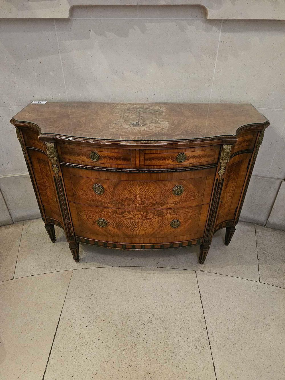 Lot 79: A Louis XVI Style Burlwood Veneered Demilune Commode