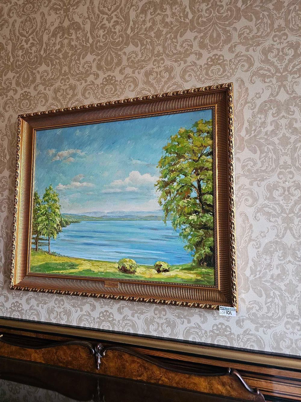Lot 101: A Framed Impressionistic-Style Landscape Painting, Titled 'Lake Geneva' and Bearing a Plaque Attributing it to Sir Winston Churchill