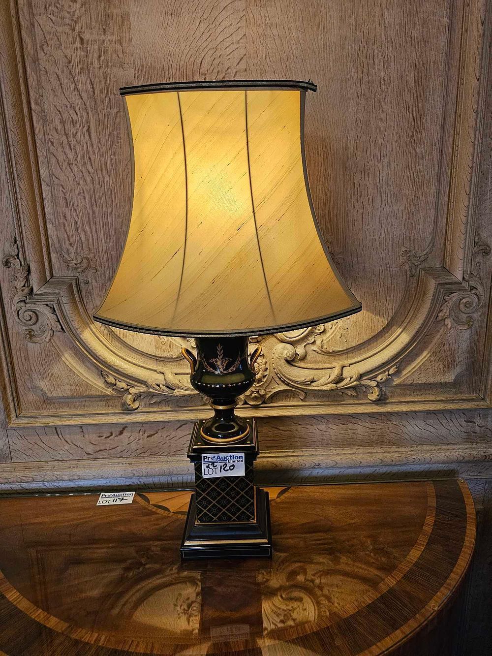 Lot 120: A 20th Century Neoclassical Style Black and Gilt Toleware Urn-Form Table Lamp