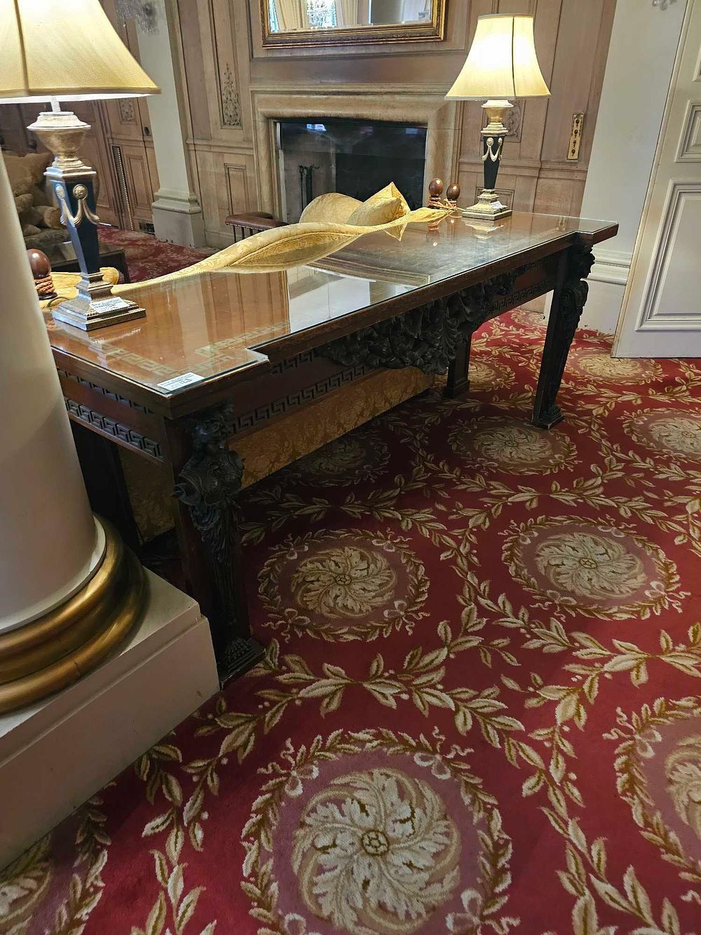 Lot 123: Resolute Desk Style Gilt-Bronze Mounted Mahogany Console Table