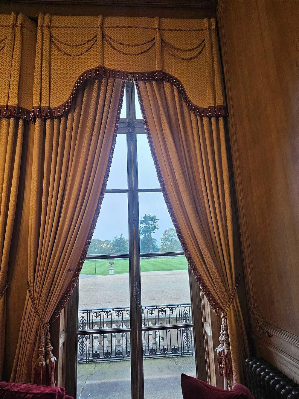 Lot 174: A Set of Elaborate Jacquard Draperies with Valance, Swags, Jabots, and Passementerie