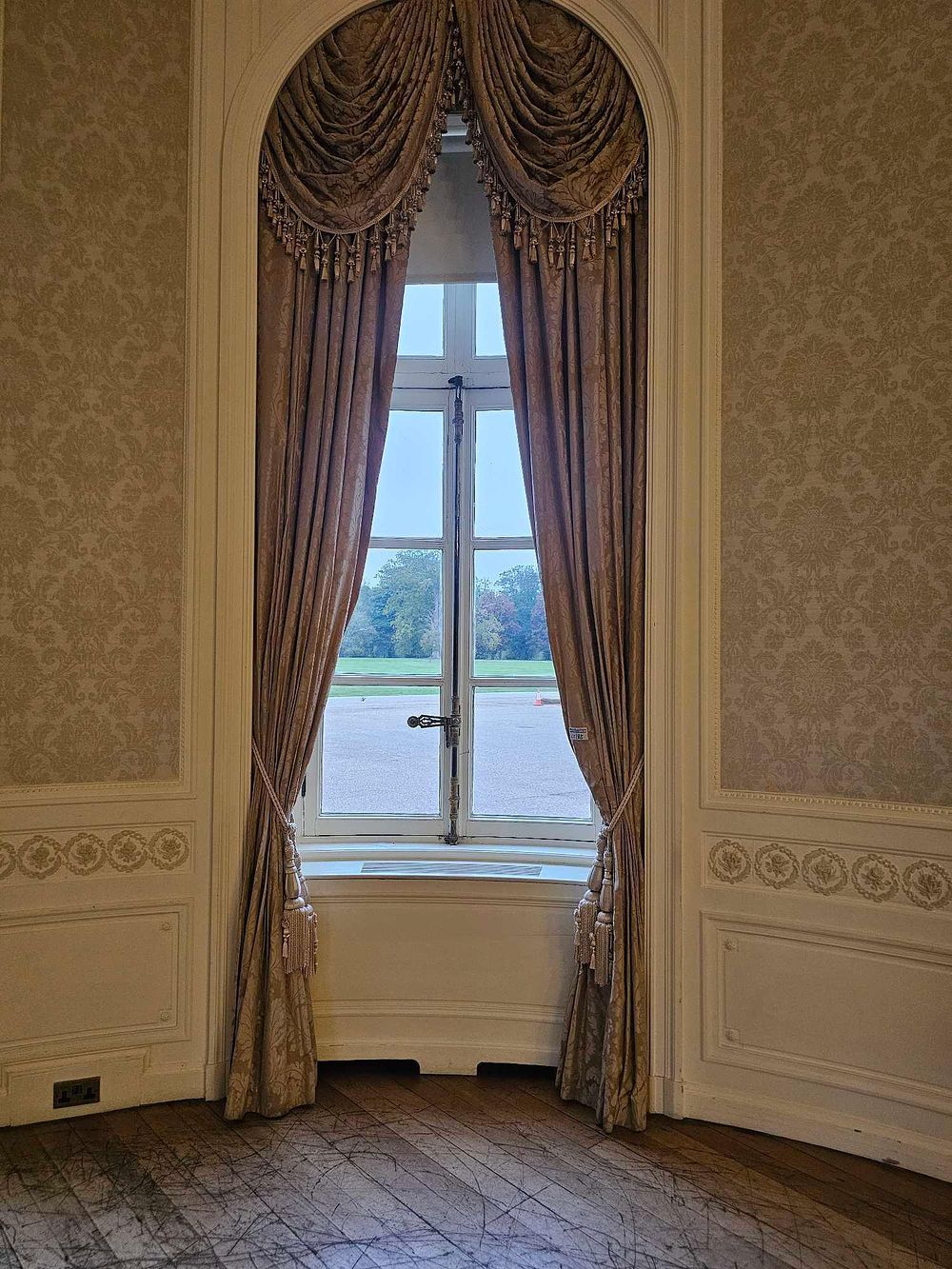Lot 188: A Pair of Late 19th / Early 20th Century Revival Damask Window Drapes with Swags and Tassels
