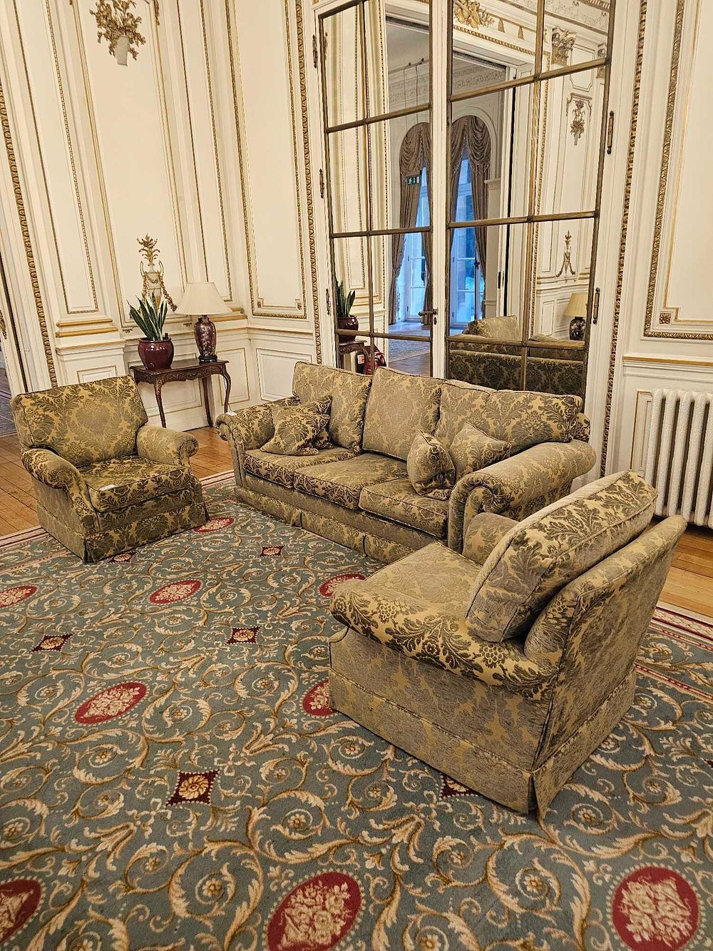 Lot 201: A Late 20th Century German Three-Piece Upholstered Sofa and Armchair Set, in Traditional Style