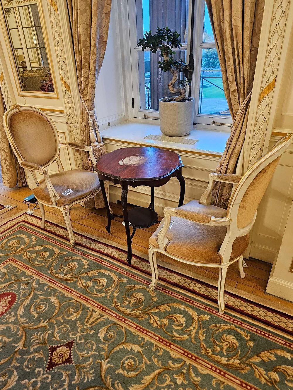 Lot 205: A Pair of Louis XVI Style Armchairs and a Louis XV Style Occasional Table