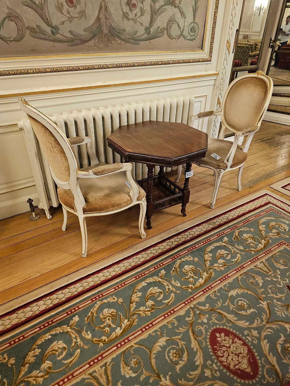 Lot 206: A Pair of Louis XVI Style Fauteuils and a Late 19th Century Mahogany Octagonal Occasional Table