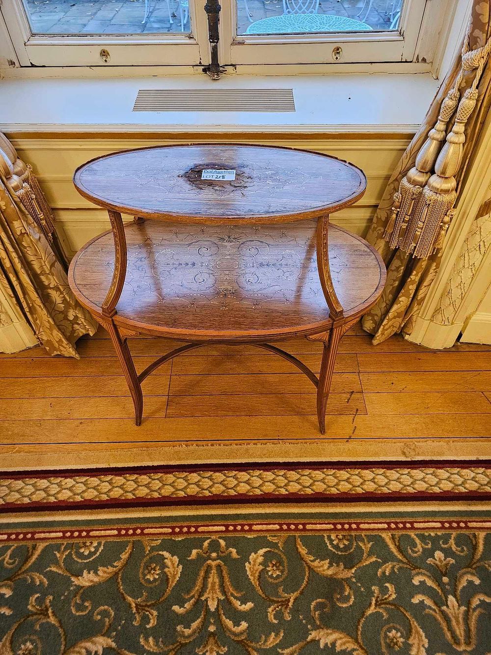 Lot 218: Attributed to Edwards & Roberts, An Edwardian Mahogany and Satinwood Marquetry Two-Tier Étagère