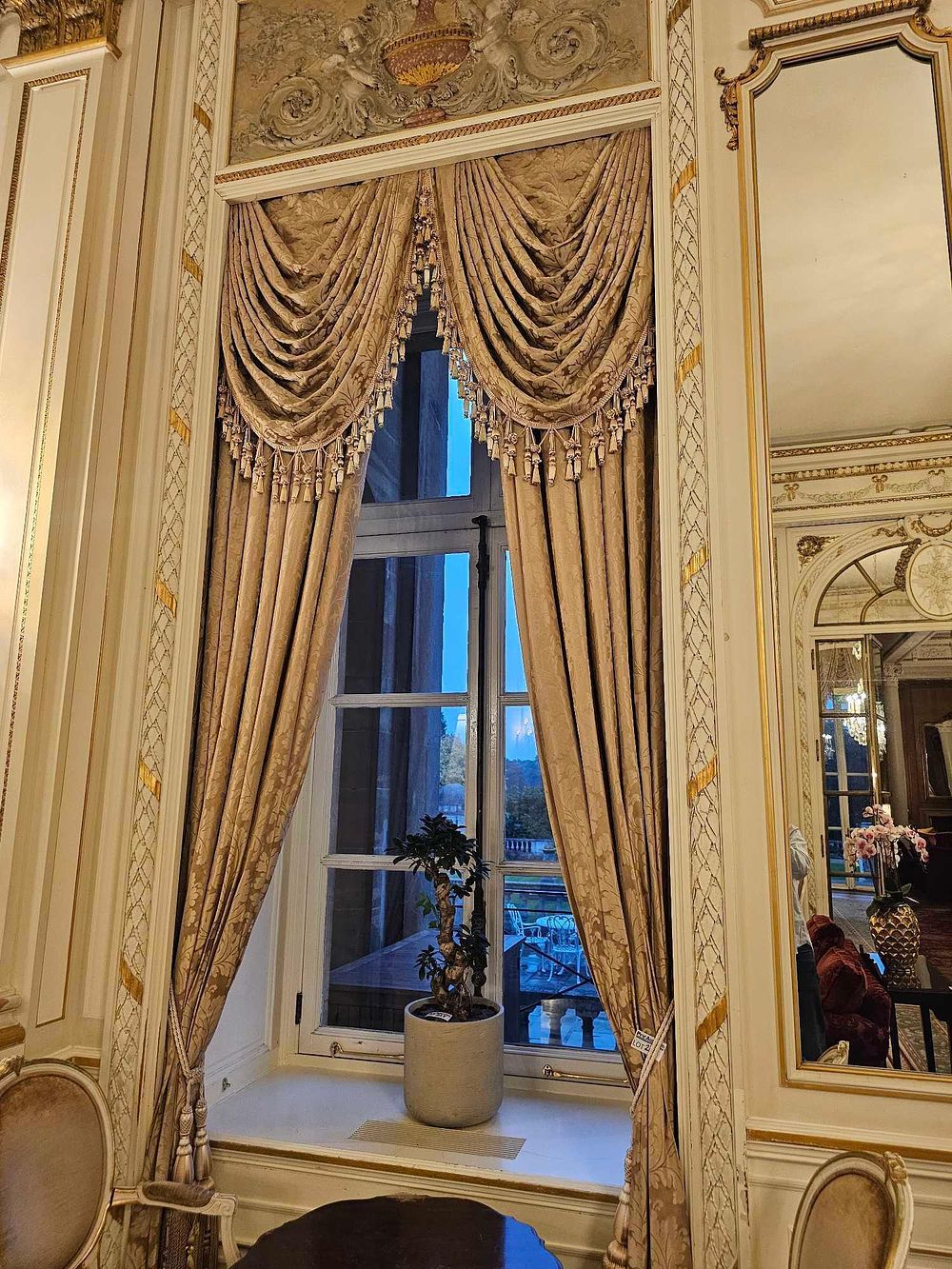 Lot 239: A Pair of Elaborate Classical Revival Style Window Draperies with Swagged Valances and Tassels