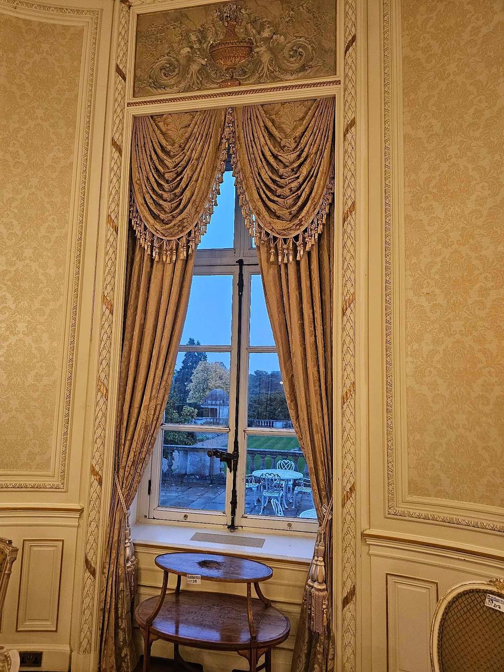 Lot 240: A Pair of Rococo Revival Style Golden-Bronze Jacquard Curtains with Pelmet and Tie-backs