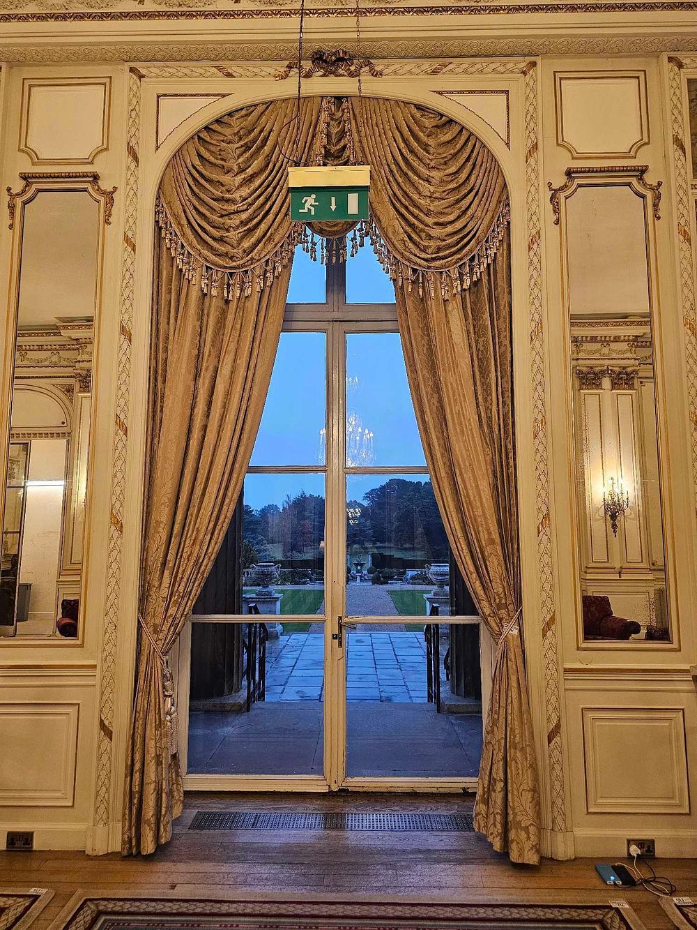 Lot 241: A Pair of Neoclassical Revival Style Damask Drapery Panels with Valance and Tie-Backs