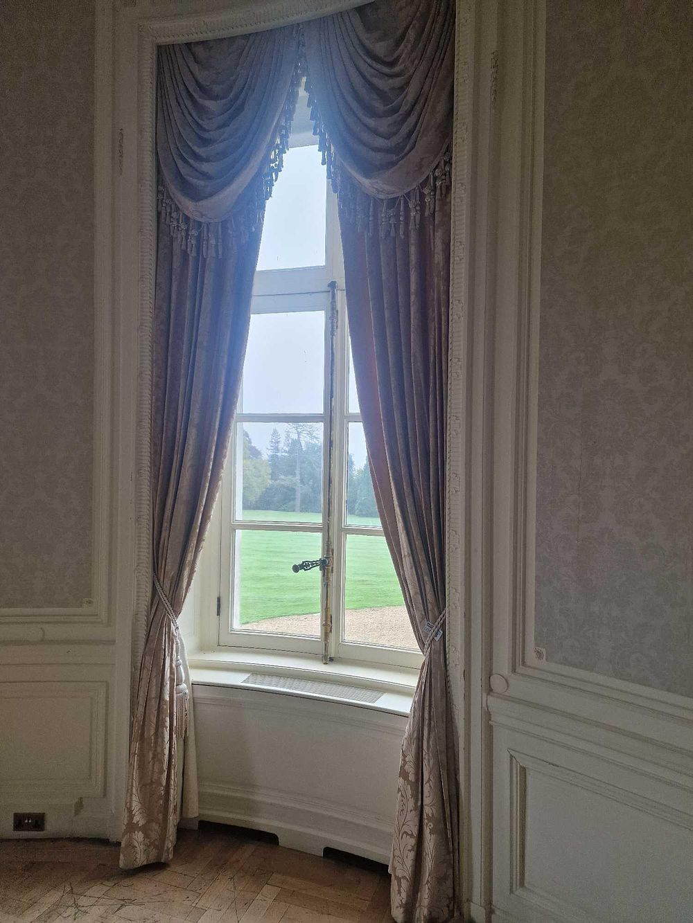 Lot 253: A Set of Classical Revival Damask Window Drapes with Valance and Tassels