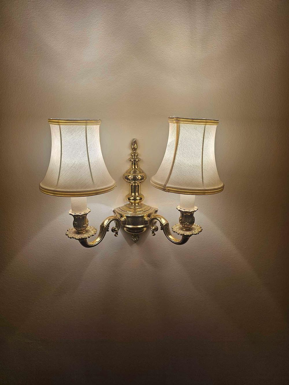 Lot 287: A Traditional Two-Light Brass-Toned Wall Sconce with Fabric Shades