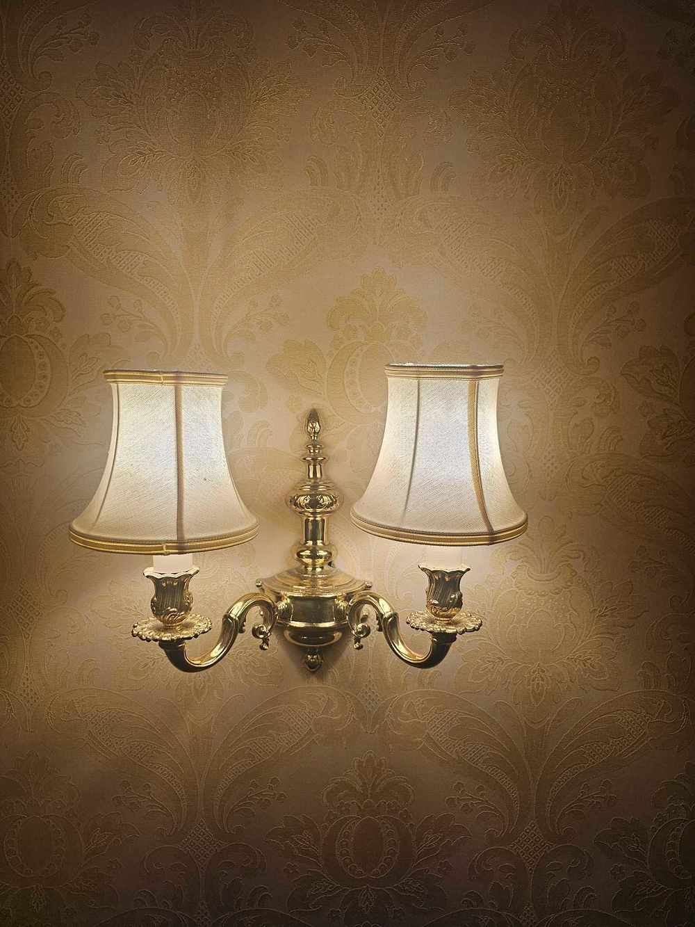 Lot 306: A Vintage Double-Arm Brass Wall Sconce with Fabric Shades