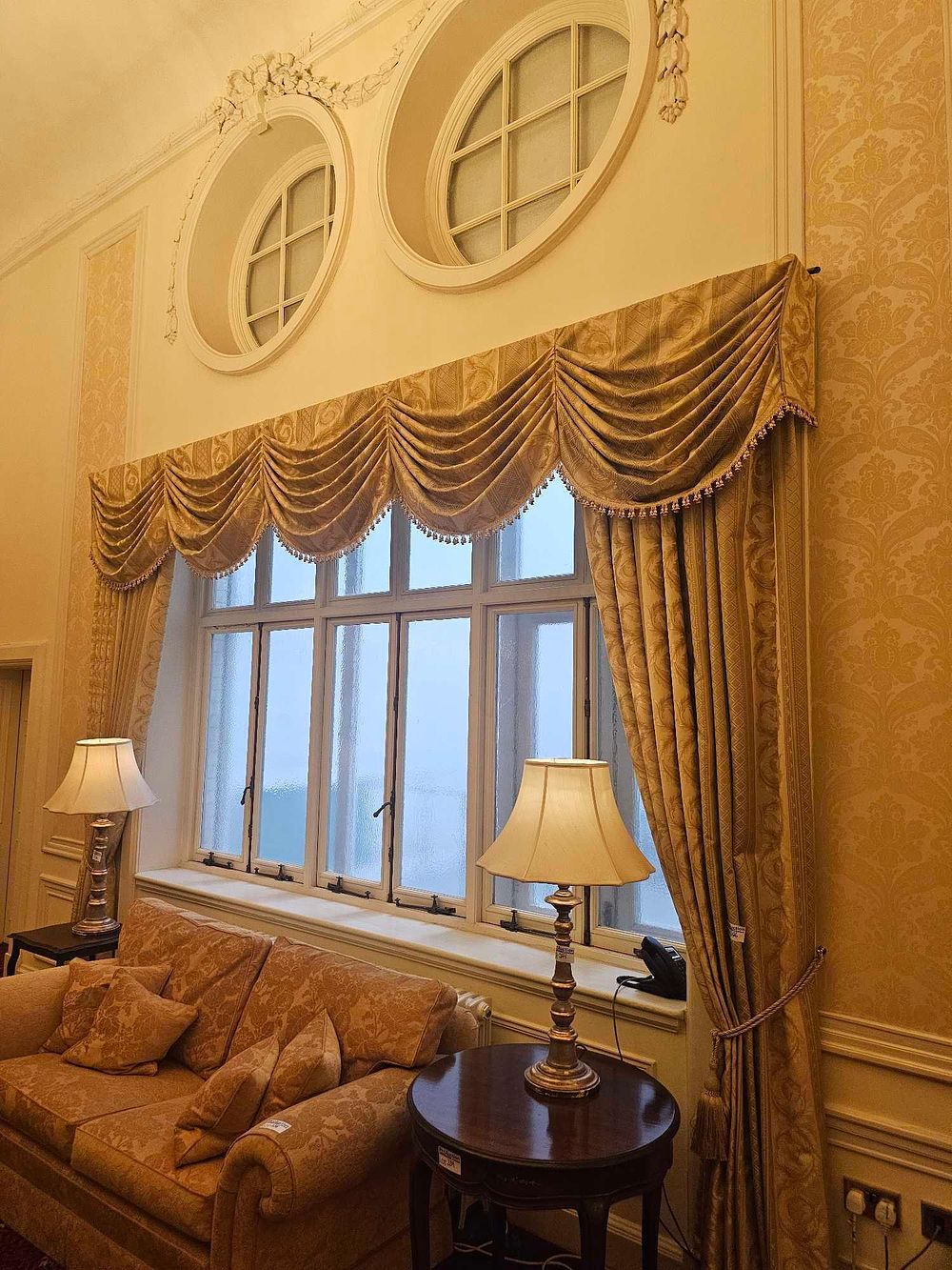 Lot 346: A Set of Golden Jacquard Waterfall Valance Curtains with Tie-backs, in Classical Revival Style
