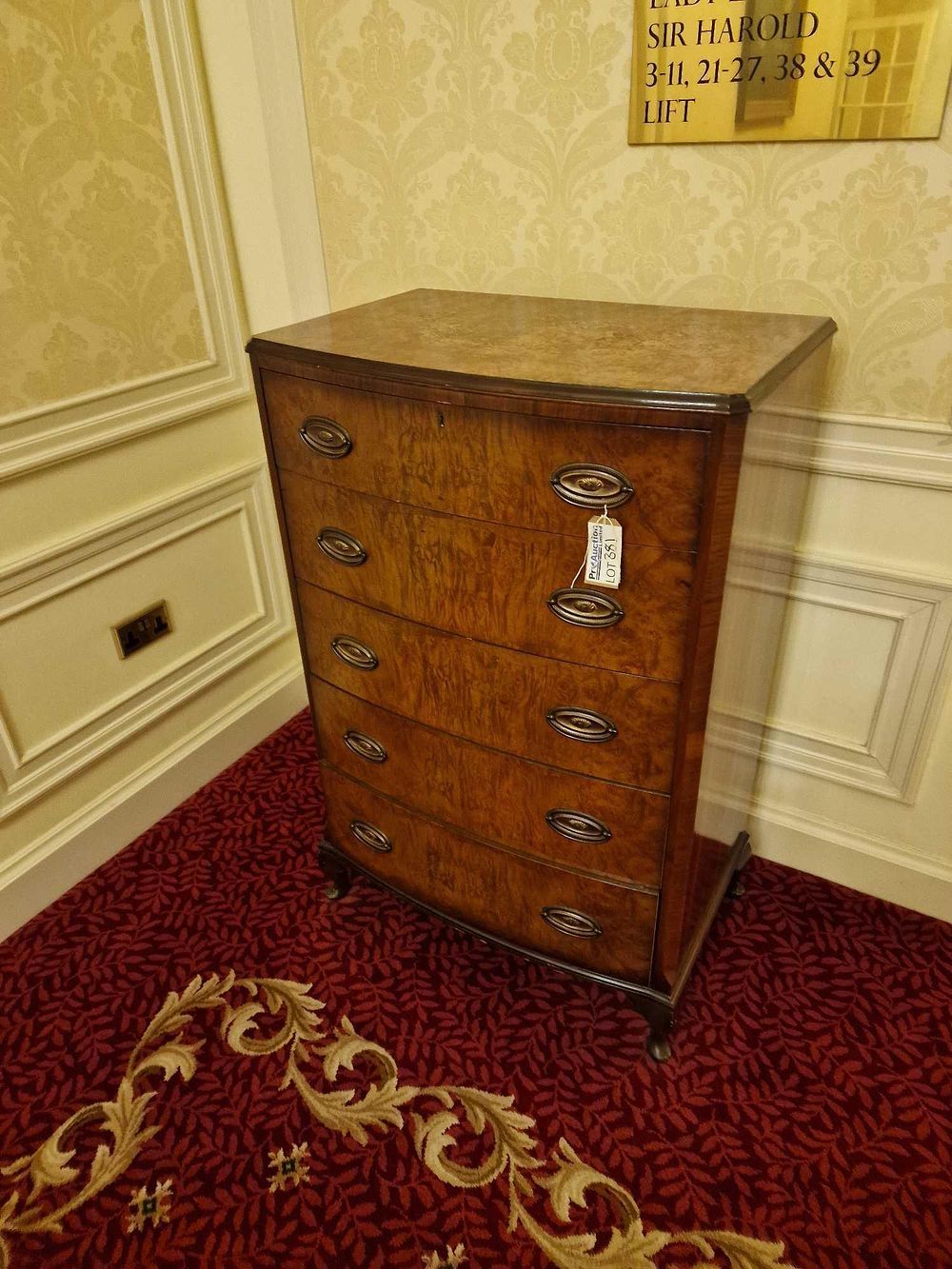 Lot 381: Antique English Hepplewhite/Regency Style Burrwood and Mahogany Bow-Front Chest of Drawers