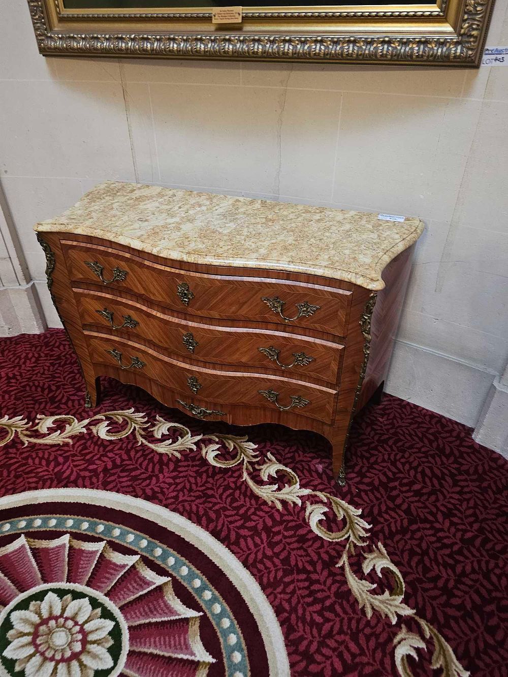 Lot 402: A French Louis XV Style Marble Top Bronze Mounted Marquetry Commode