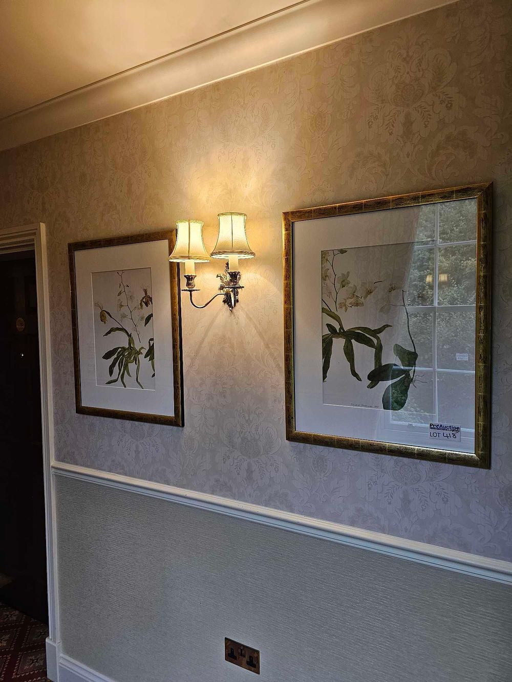 Lot 418: A Pair of Framed Botanical Prints and a Double-Arm Wall Sconce