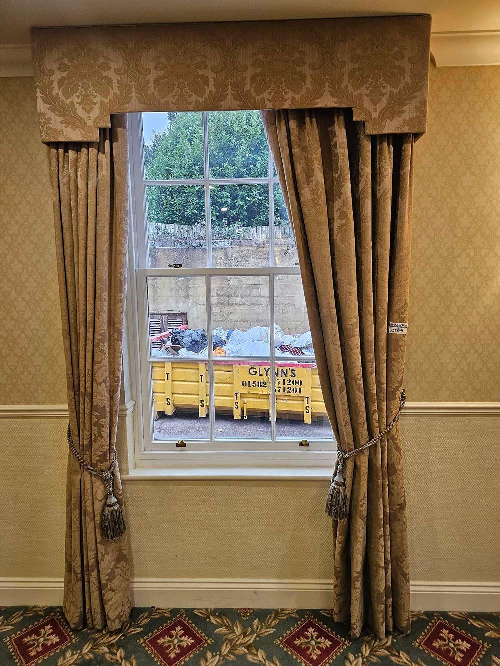 Lot 524: A Pair of Beige/Gold Damask Curtains with Coordinated Box Pelmet and Tie-backs