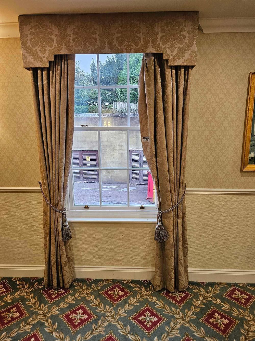Lot 525: A Pair of Traditional Damask-Style Curtains with Matching Pelmet and Tie-Backs