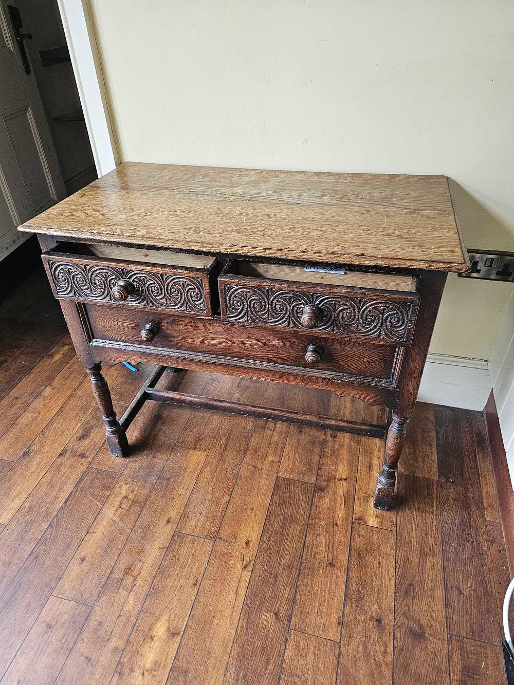 Lot 630: Jacobean Revival Style Carved Oak Lowboy / Console Table, Early 20th Century