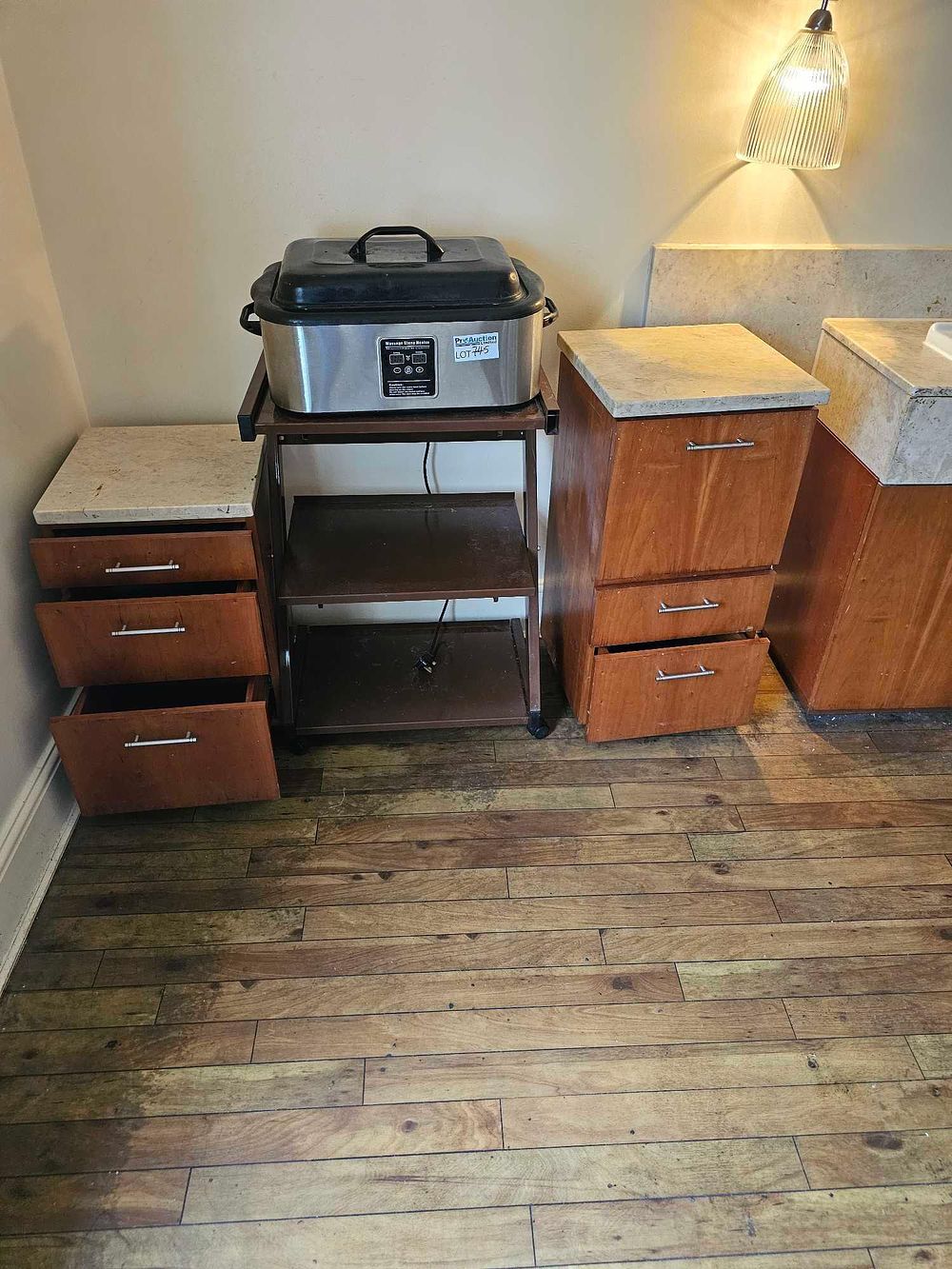 Lot 745: Professional Stainless Steel Massage Stone Heater with Digital Control, Presented with a Utility Cart and Two Cabinet Units