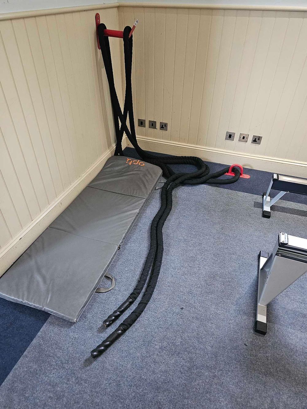 Lot 800: A Collection of Modern Fitness Equipment, including a Challenge 10M Battle Rope and Opti Exercise Mat
