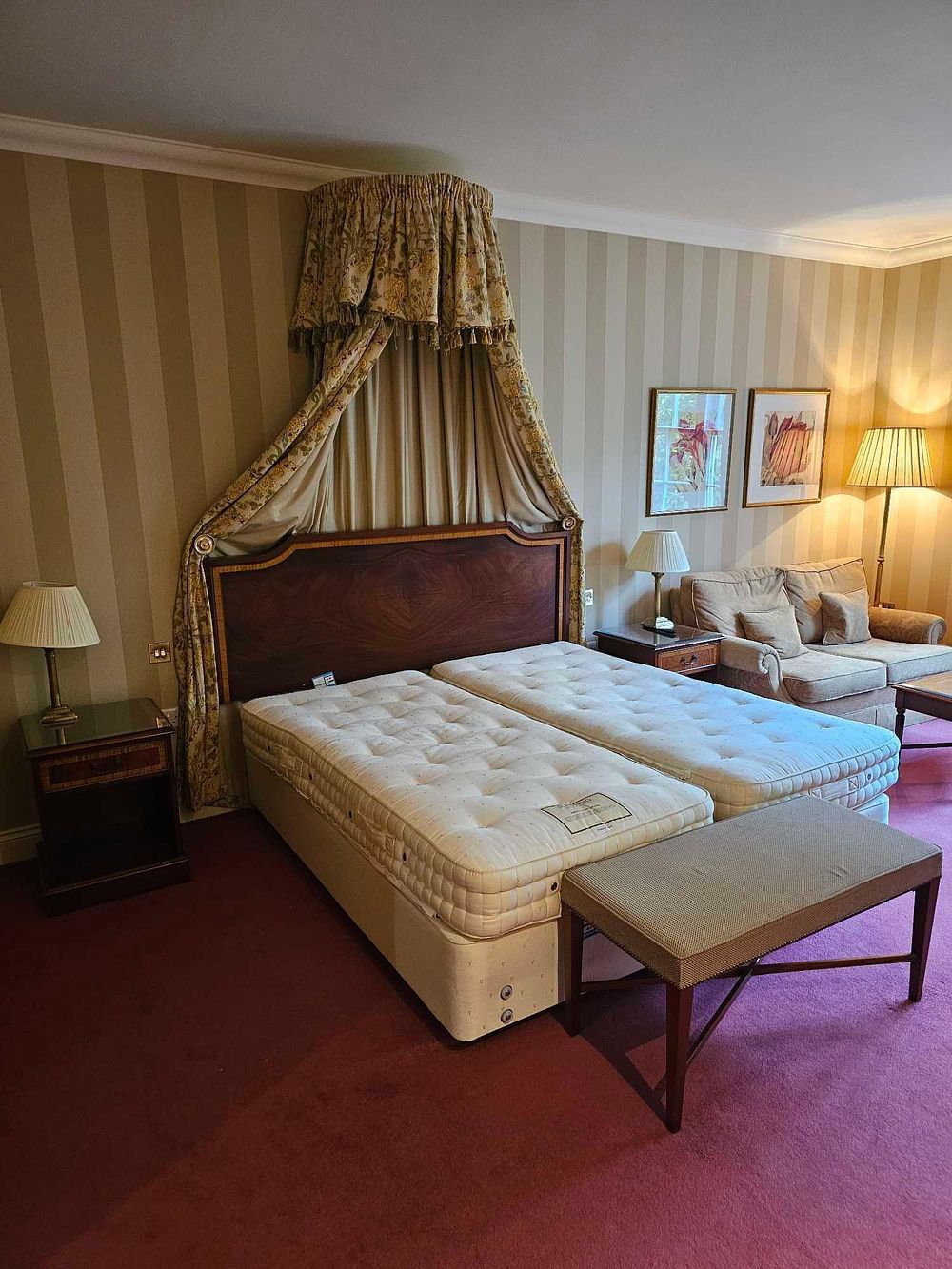 Lot 847: A Traditional Dark Wood and Upholstered Hotel Bedroom Suite, from Luton Hoo Hotel
