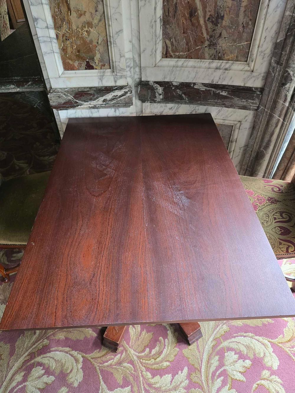 Lot 2018: A French Provincial Style Dark-Stained Dining Table and a Group of Upholstered Dining Chairs