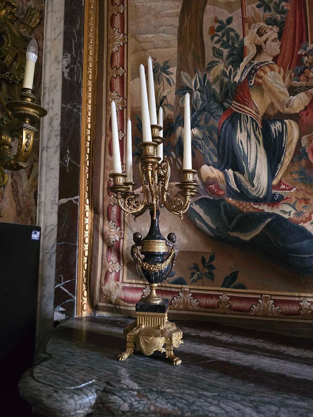 Lot 2025: An Italian Brevettato Five-Light Gilt Bronze and Marble Candelabra