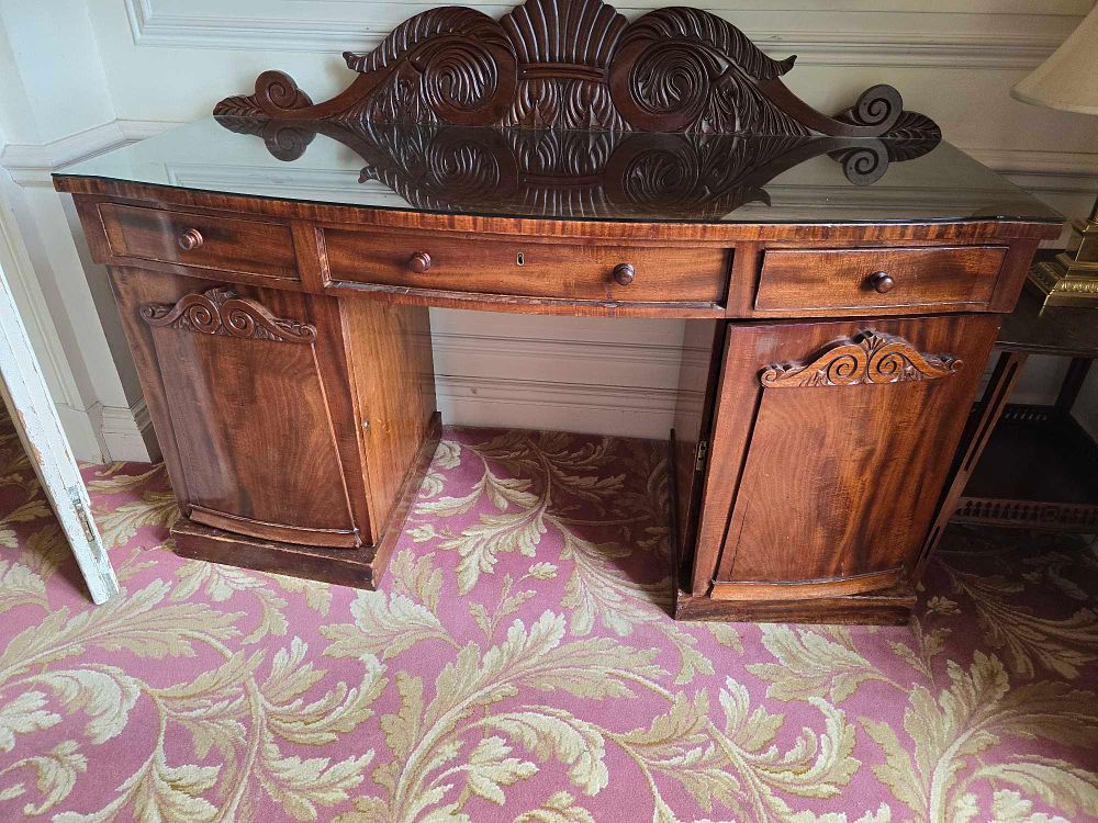 Lot 2031: 19th Century English Mahogany Pedestal Desk with Carved Backsplat