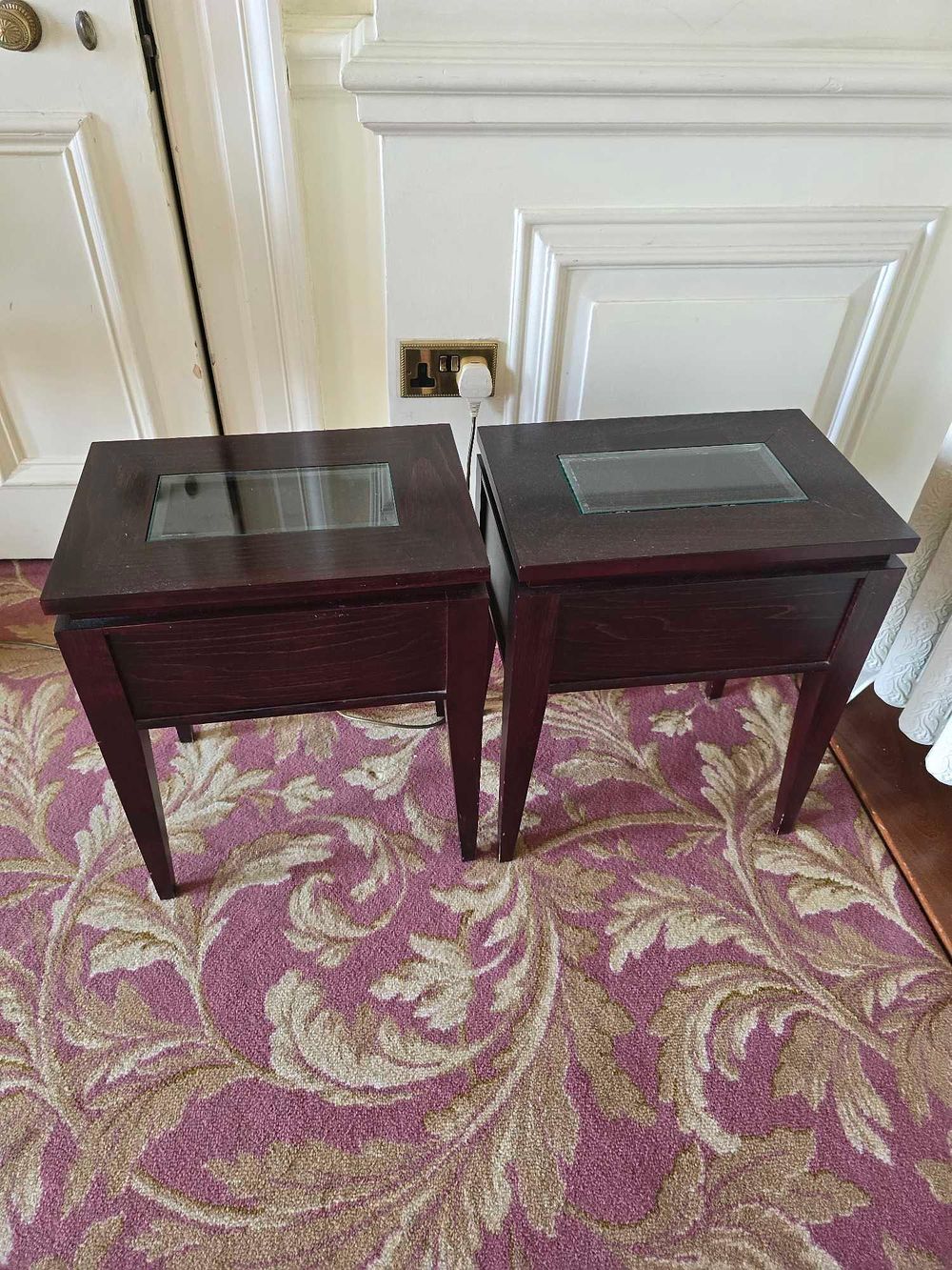 Lot 2034: A Pair of Modern-Style Dark-Stained Side Tables with Glass Inserts and Drawers