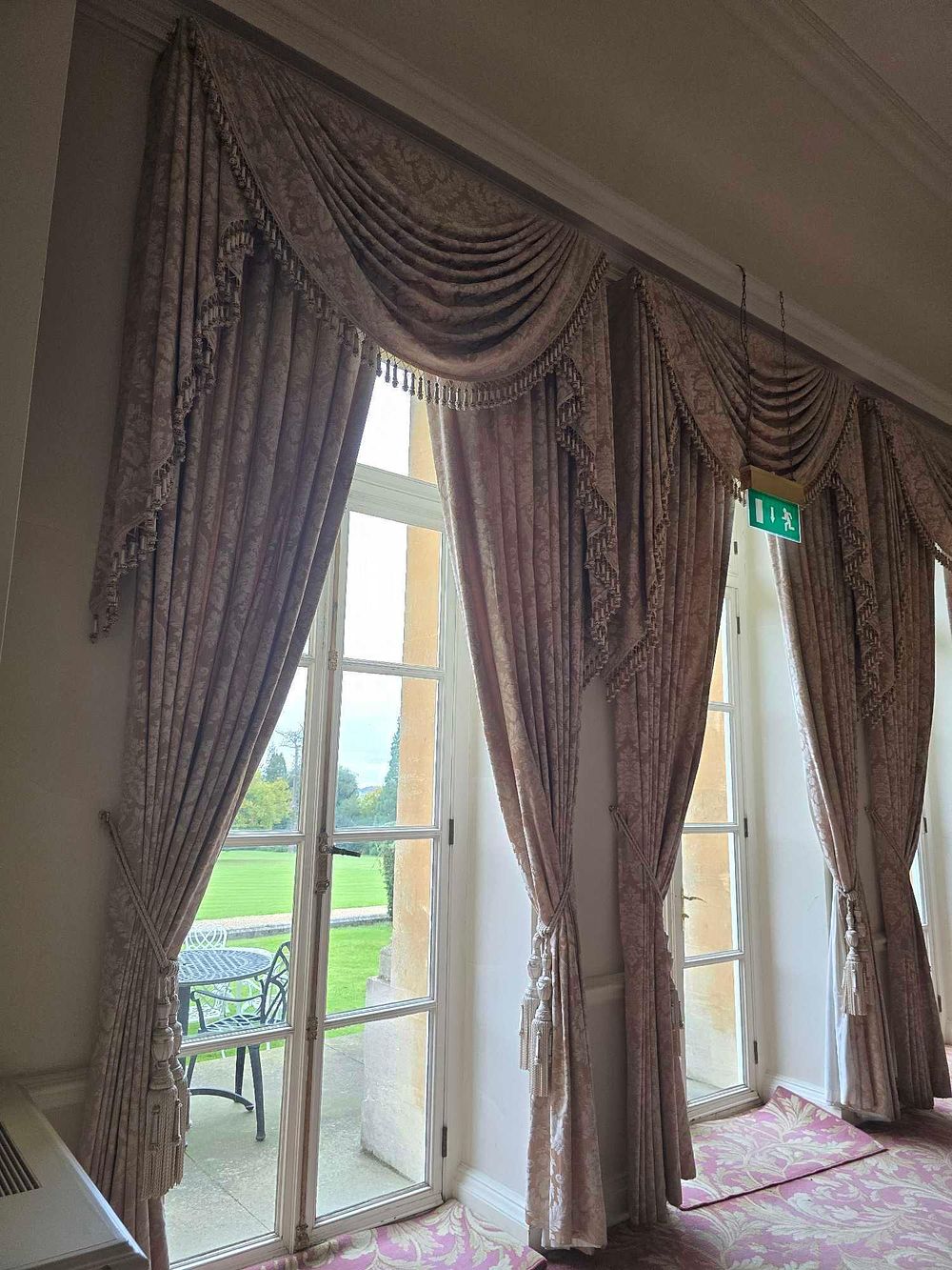 Lot 2047: A Pair of Traditional Opulent Jacquard Draperies with Swags and Tassels
