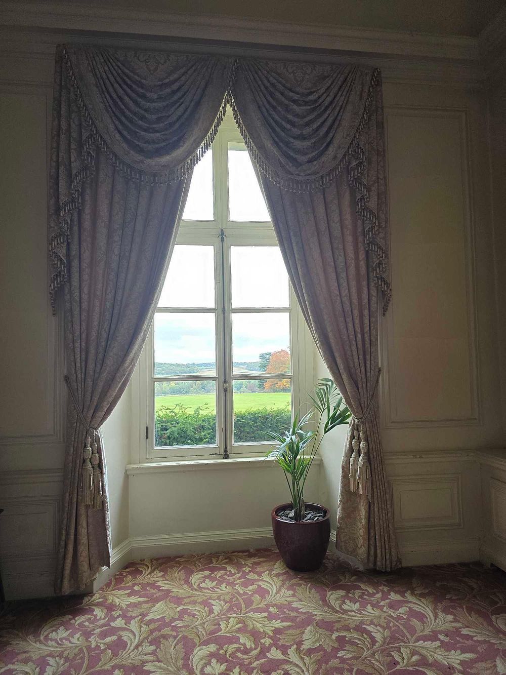 Lot 2050: A Pair of Rococo Revival Style Damask Drapes with Waterfall Valance, Swags, and Tie-backs