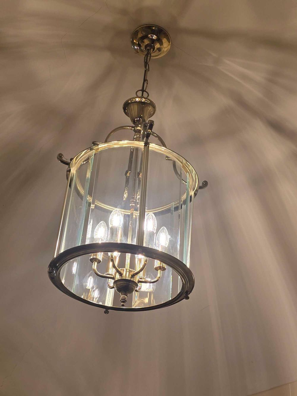 Lot 2081: A French Neoclassical Style Brass and Clear Glass Five-Light Ceiling Lantern, circa 1950s-1970s