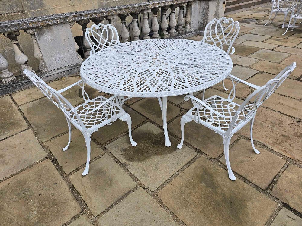 Lot 2102: A Set of Five Victorian Style Cast Aluminum Heart Back Patio Dining Furniture