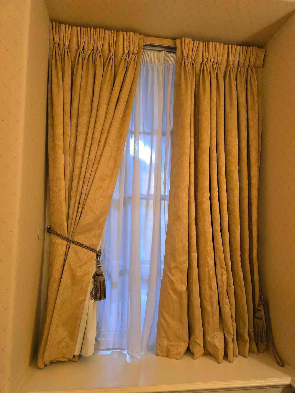 Lot 2109: A Pair of Traditional Gold Damask Pinch Pleated Curtains, Late 20th/Early 21st Century, with Tassel Tie-Backs