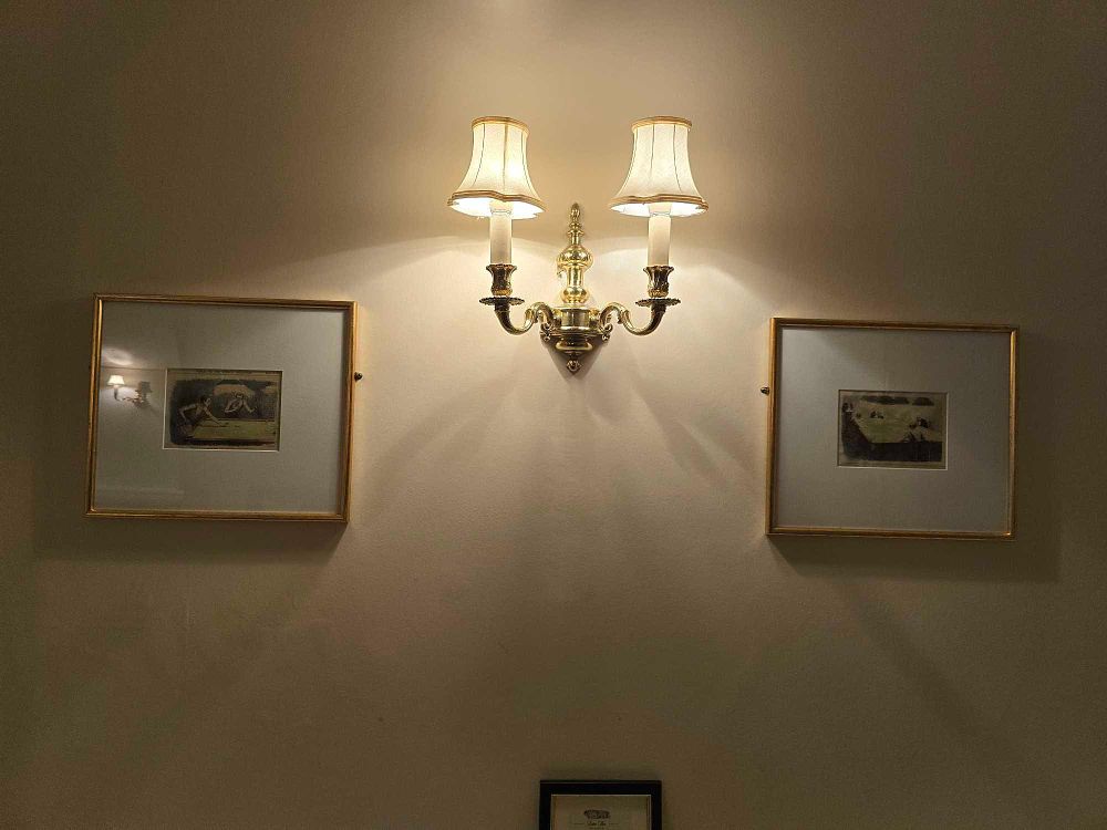 Lot 2138: Three Framed Hand-Colored Satirical Billiard Illustrations, including two from Punch, a Brass Double-Arm Wall Sconce, and a 'Snooker Room' Sign