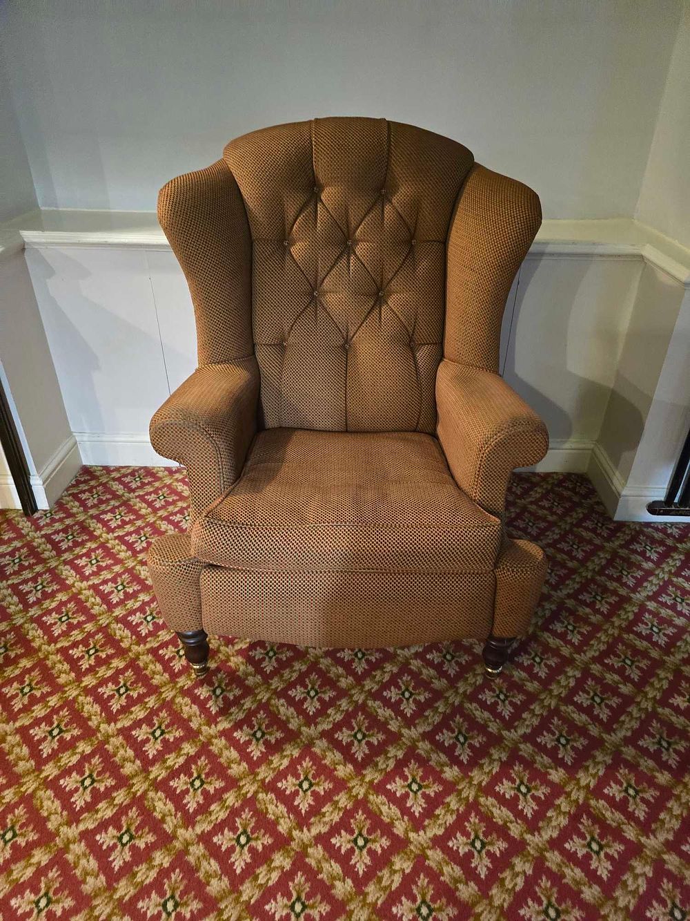 Lot 2147: Vintage La-Z-Boy Wingback Recliner, Upholstered in Brown-Orange Fabric