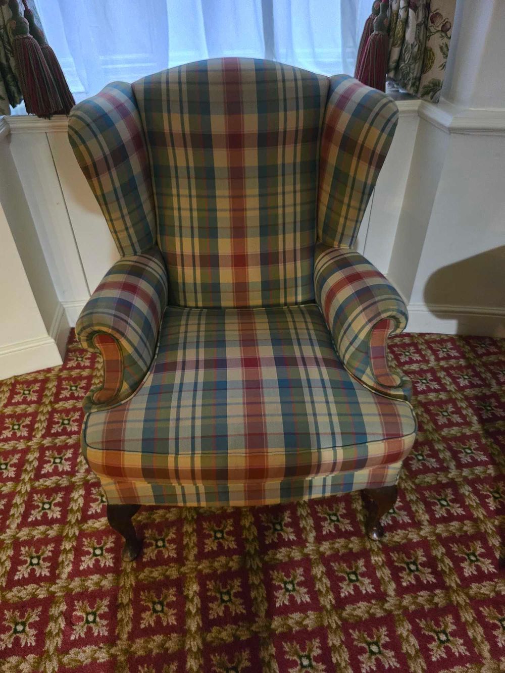 Lot 2148: 1950s Mid Century Traditional Swedish Wingback Armchair in Plaid Upholstery