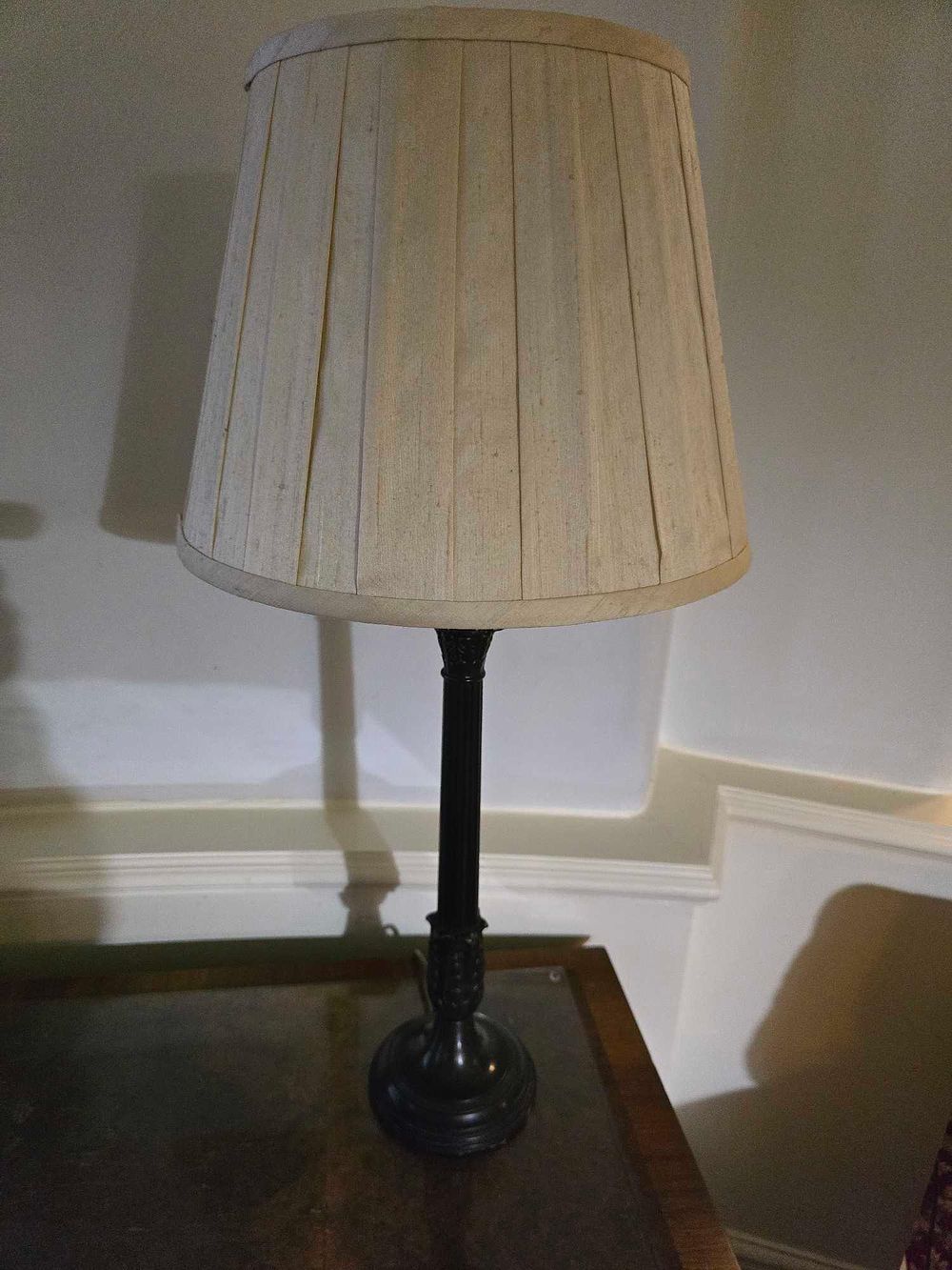 Lot 2155: A Vintage Dark-Finished Metal Table Lamp with Pleated Fabric Shade