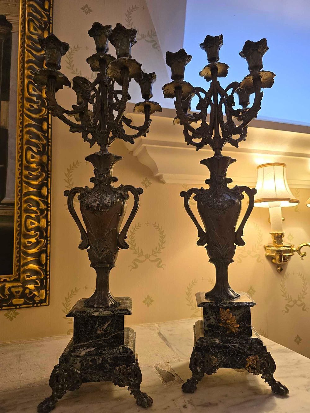 Lot 2169: A Pair of French Louis XVI Style Patinated Bronze and Marble Five-Light Candelabras, Circa 1870