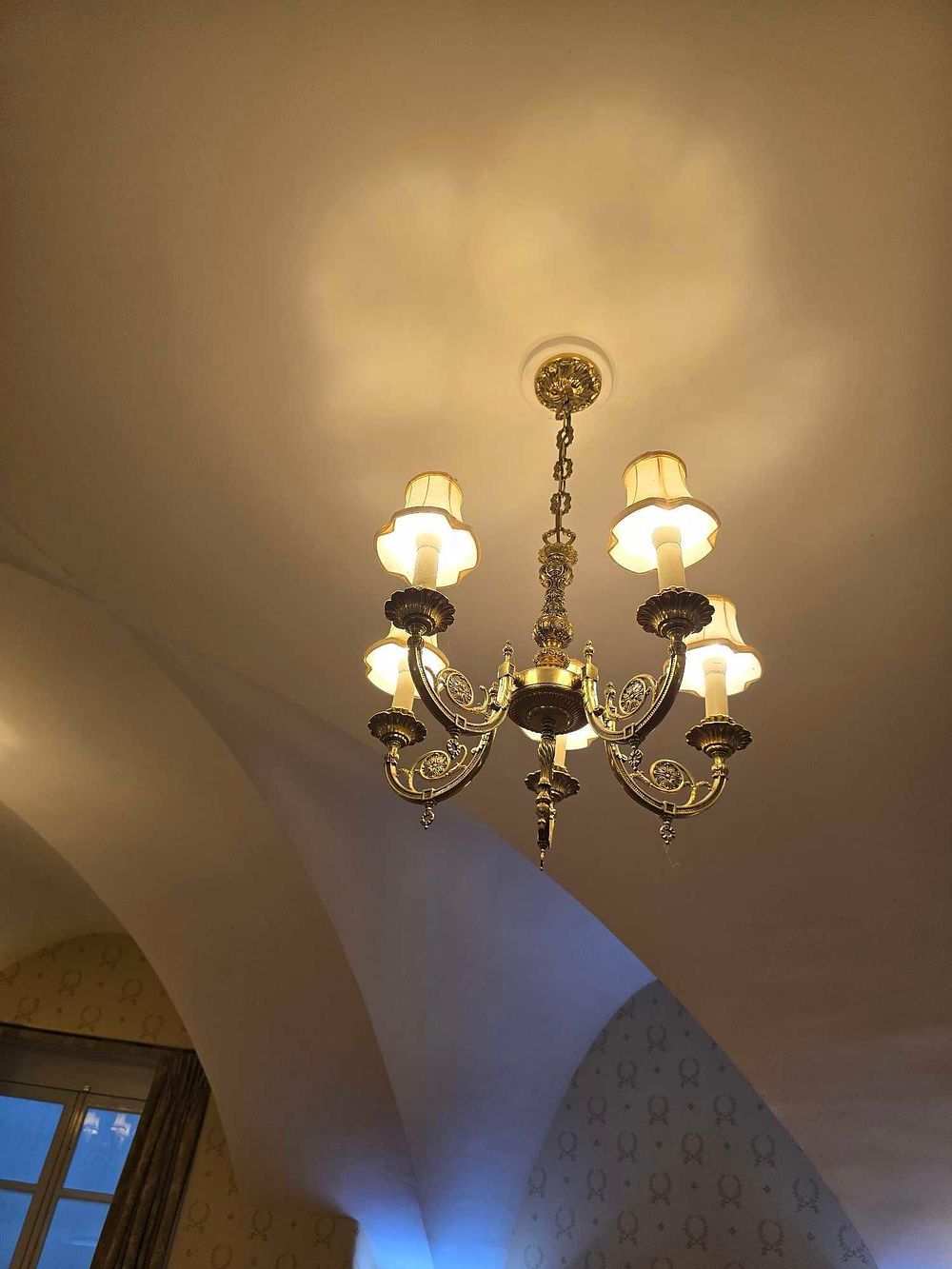 Lot 2171: A French Style Brass or Bronze-Toned Six-Light Chandelier, in Classical Revival Taste