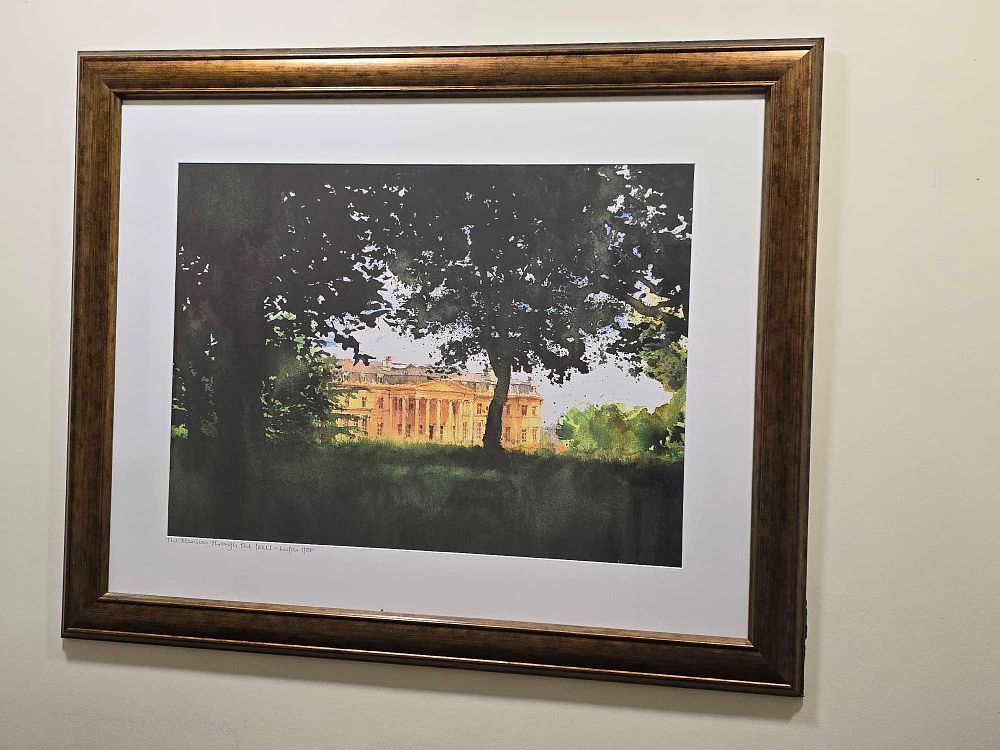 Lot 2185: A Late 20th Century Framed Print, 'The Mansion through the trees - Luton Hoo 1988'