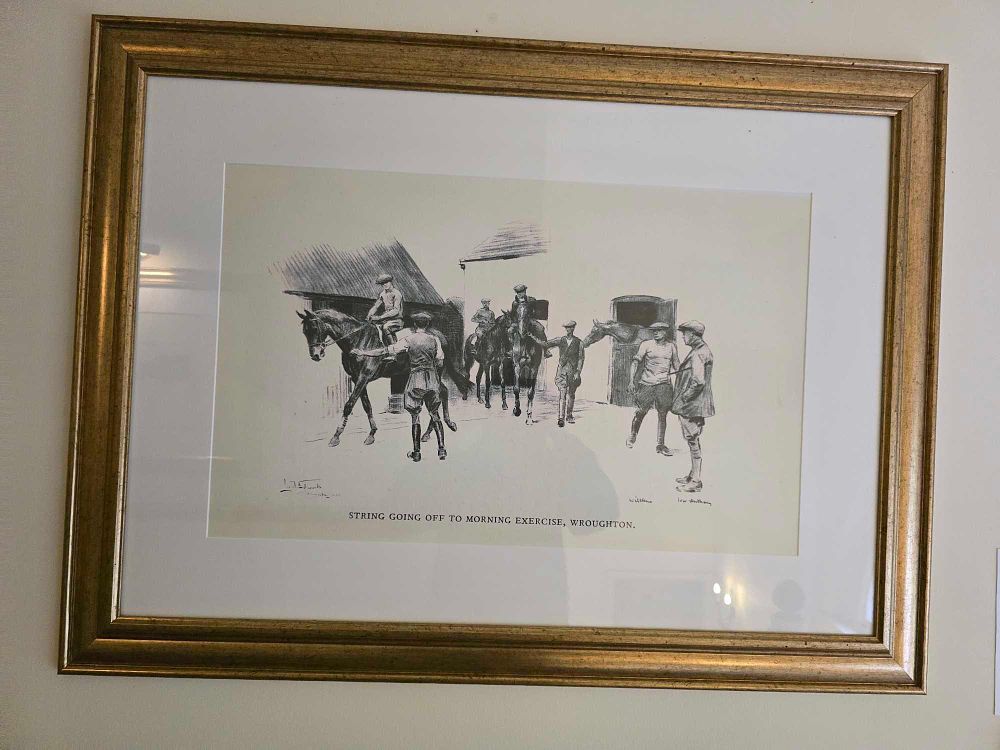Lot 2193: A Framed Equestrian Print, "String Going Off to Morning Exercise, Wroughton," Signed L.T.J. Woods