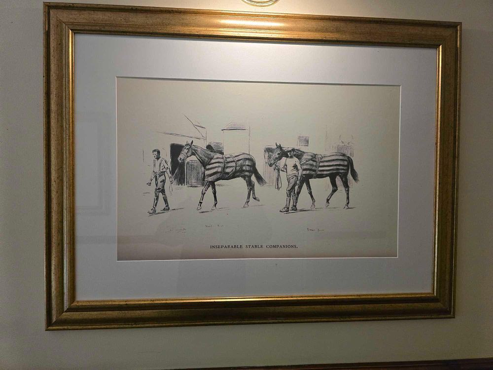 Lot 2196: Late 19th/Early 20th Century Framed Equestrian Print, 'Inseparable Stable Companions'