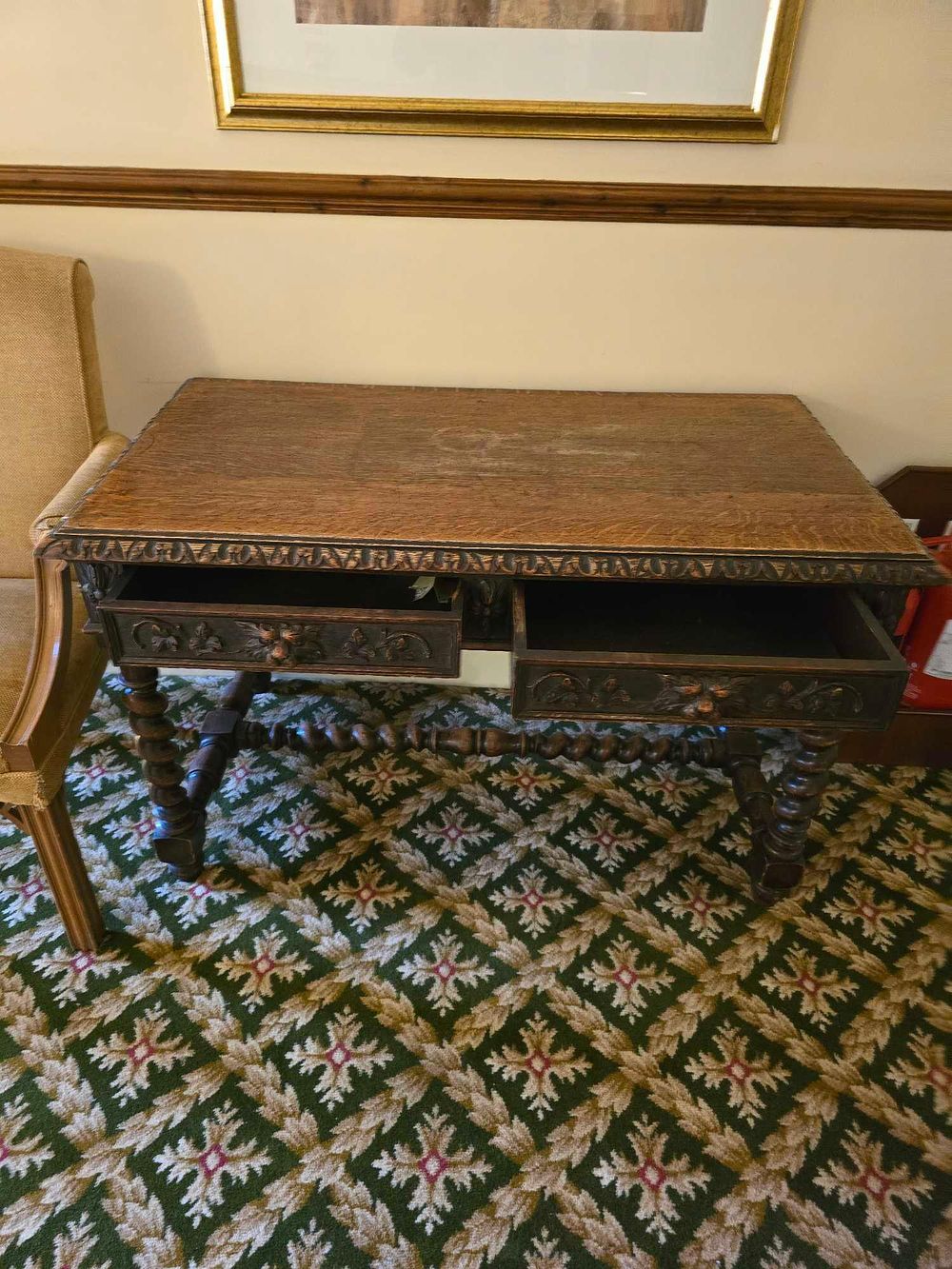 Lot 2208: Antique French Louis XIII Style Carved Oak Barley Twist Desk Table