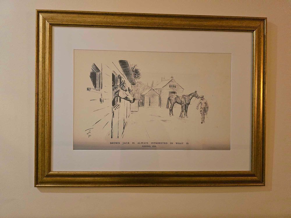 Lot 2214: Framed Equestrian Illustration or Print, 'Brown Jack Is Always Interested In What Is Going On', Signed J.P.