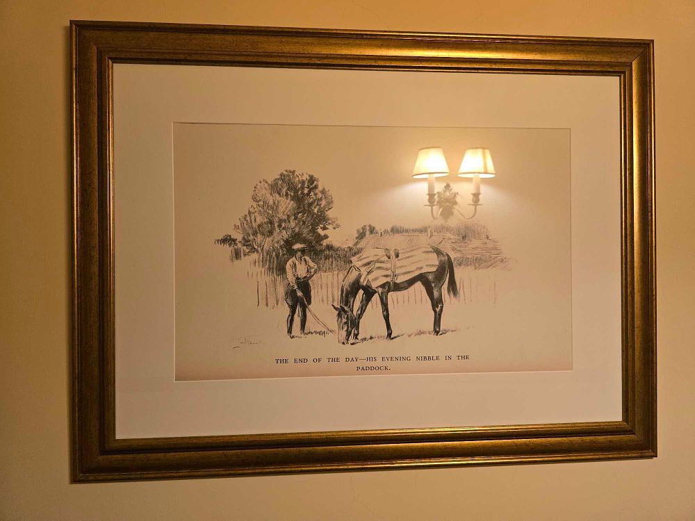 Lot 2219: A Framed Monochromatic Equestrian Scene, 'The End of the Day'