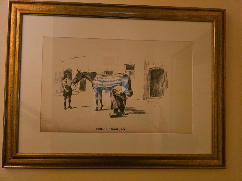 Lot 2222: An Equestrian Print, 'Shoeing Brown Jack', with a Faint Signature Possibly 'Fred Barnard'
