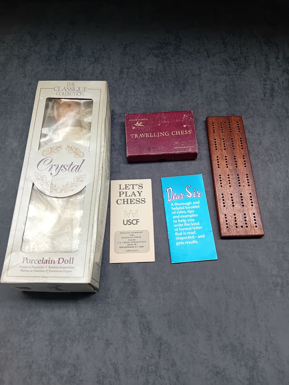 Lot 549: Mixed lot of Vintage Toys, includes Chess set, Crib Board and doll as pictured.